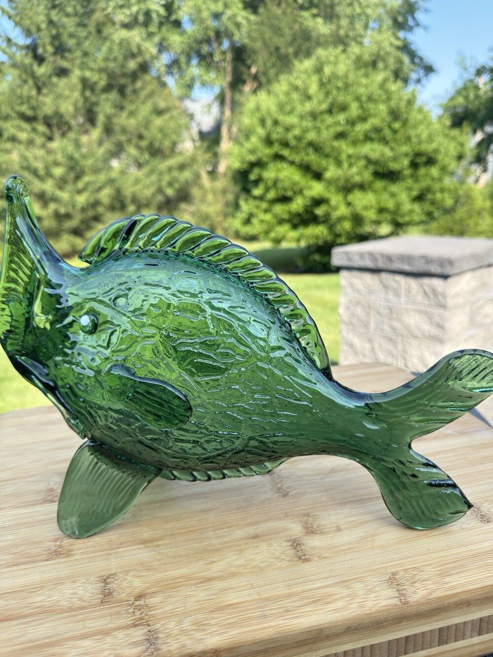 Mid-Century Italian Art Glass Style Green Fish Sculpture - Open Mouth 12.5"